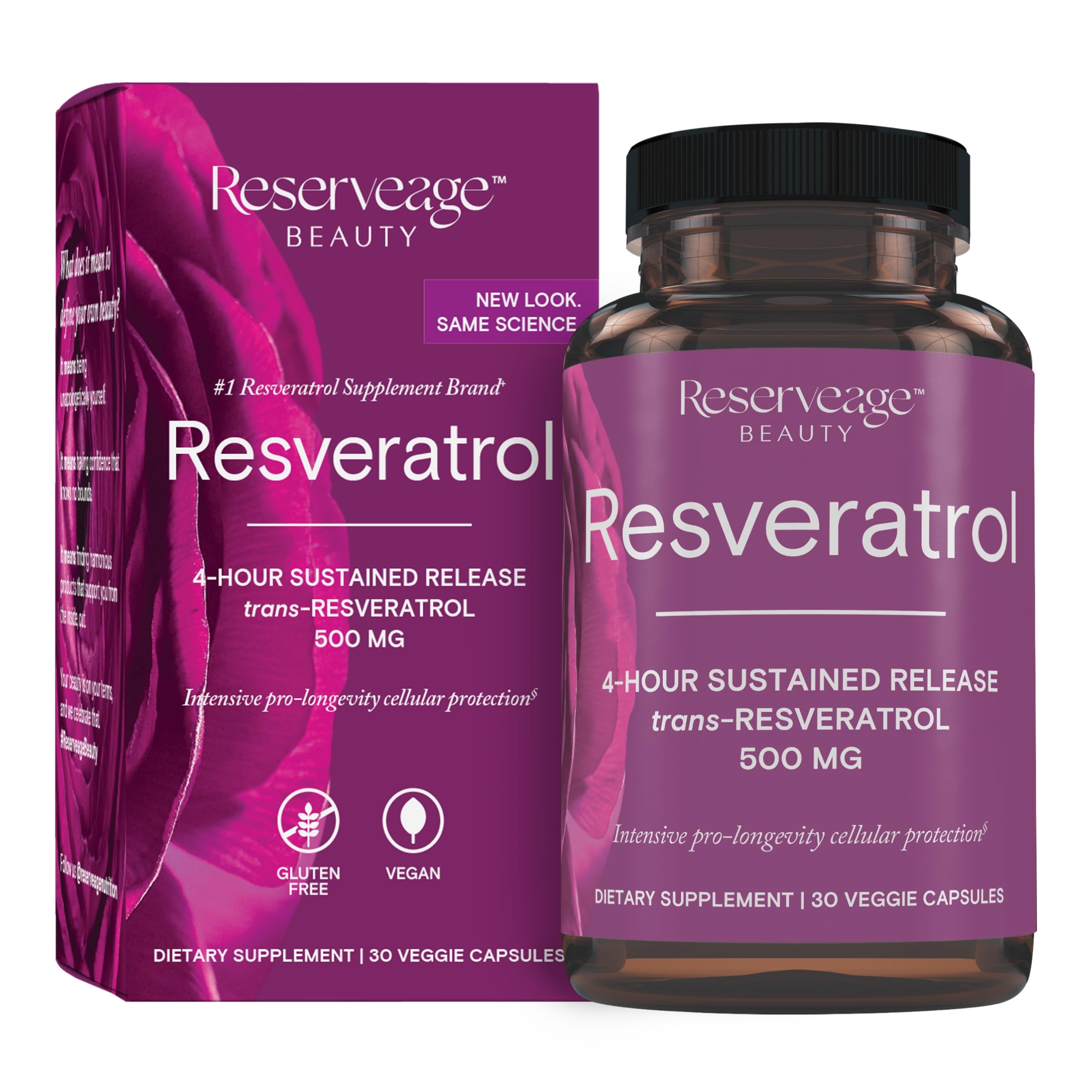 Reserveage Beauty resveratrol bottle 500 mg for antioxidant support and aging wellness