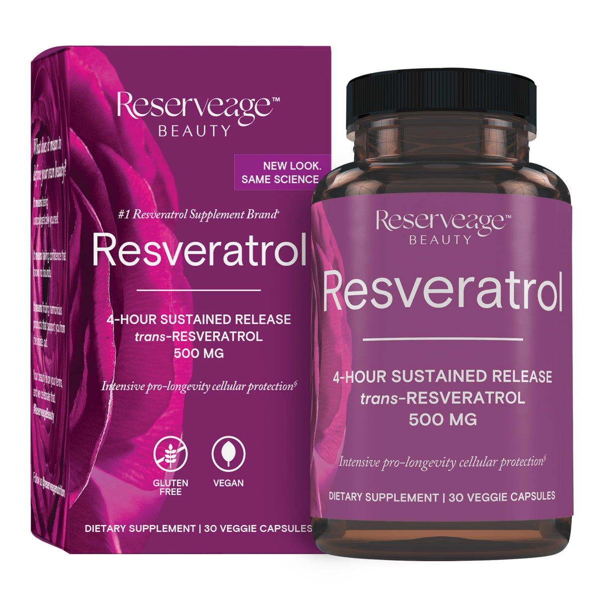 Reserveage Beauty resveratrol bottle 500 mg for antioxidant support and aging wellness