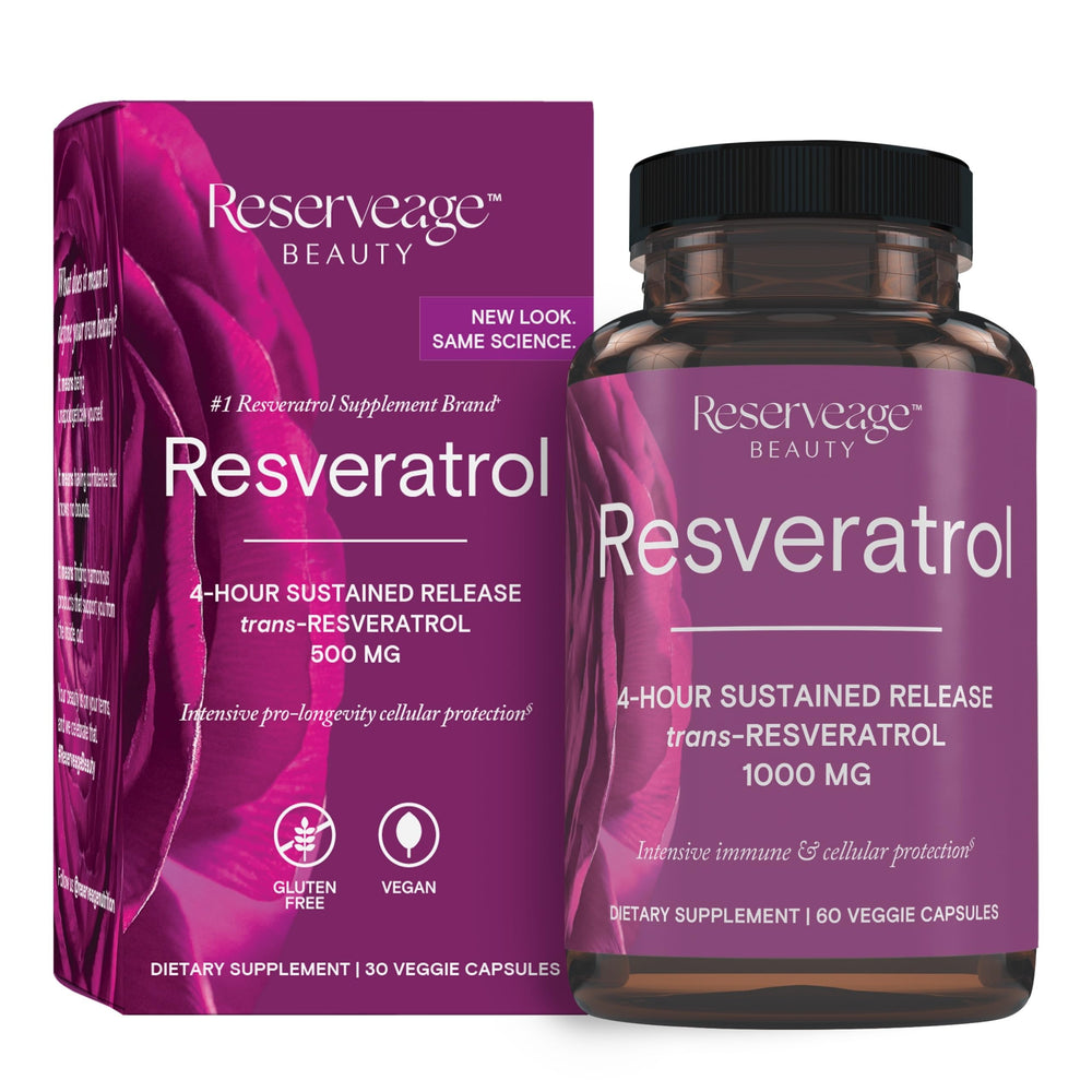 Reserveage Beauty Resveratrol bottle front view highlights antioxidant support