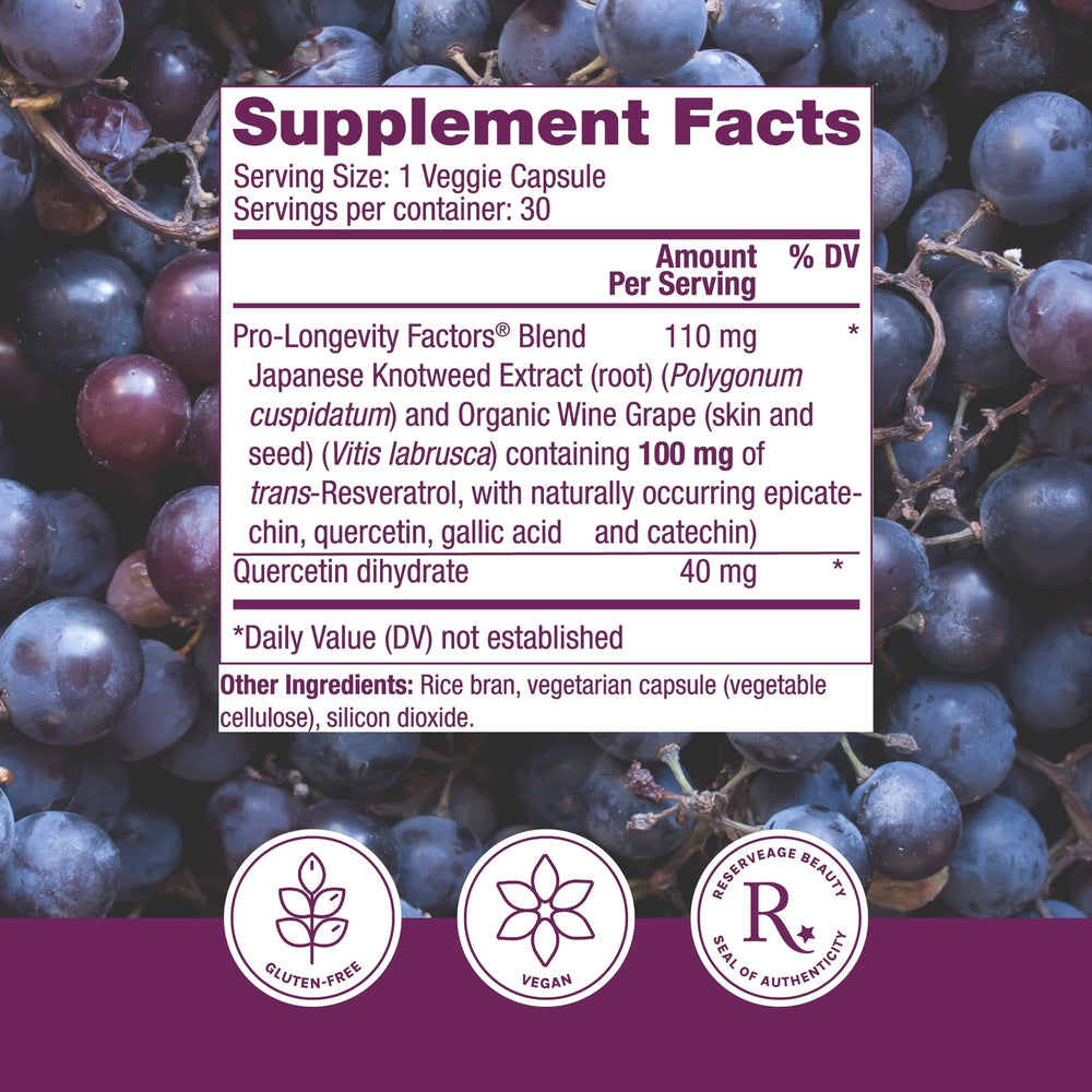 Close-up of Reserveage Beauty resveratrol capsules for daily use