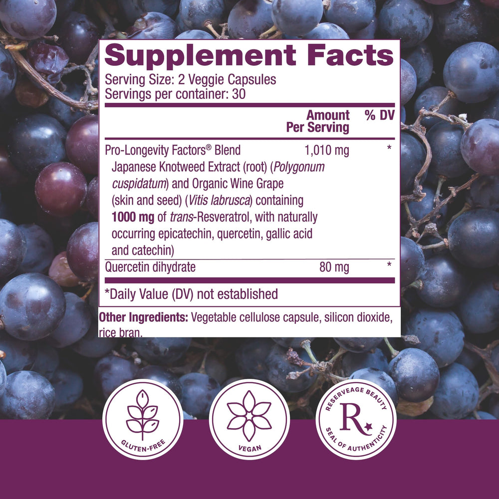 Reserveage Beauty Resveratrol capsules pictured for daily antioxidant support