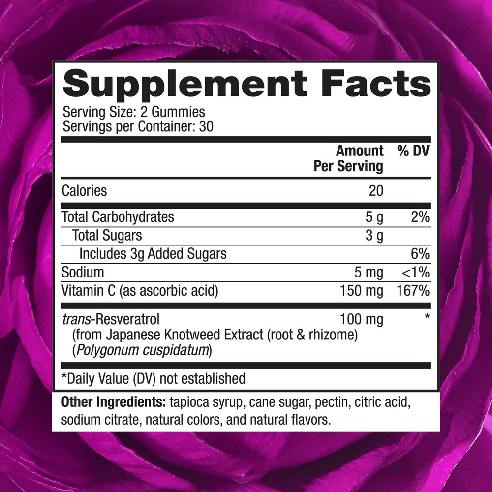 Reserveage Beauty Resveratrol Gummies closeup shows vegan pectin base and sugar-free formula
