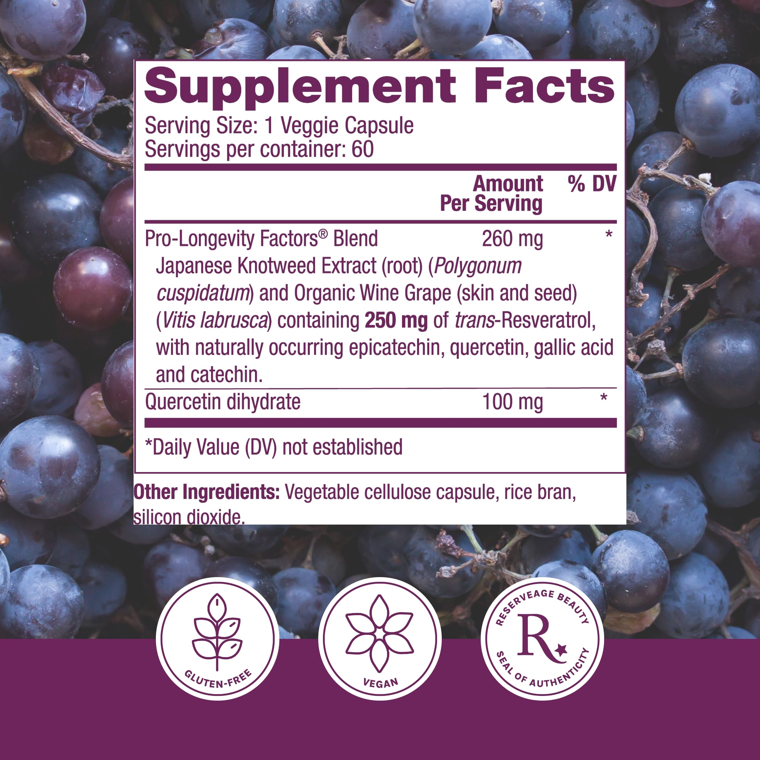Reserveage Beauty Resveratrol ingredients pack highlighting vegan, gluten-free formula