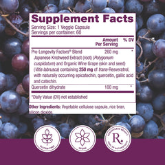 Reserveage Beauty Resveratrol ingredients pack highlighting vegan, gluten-free formula