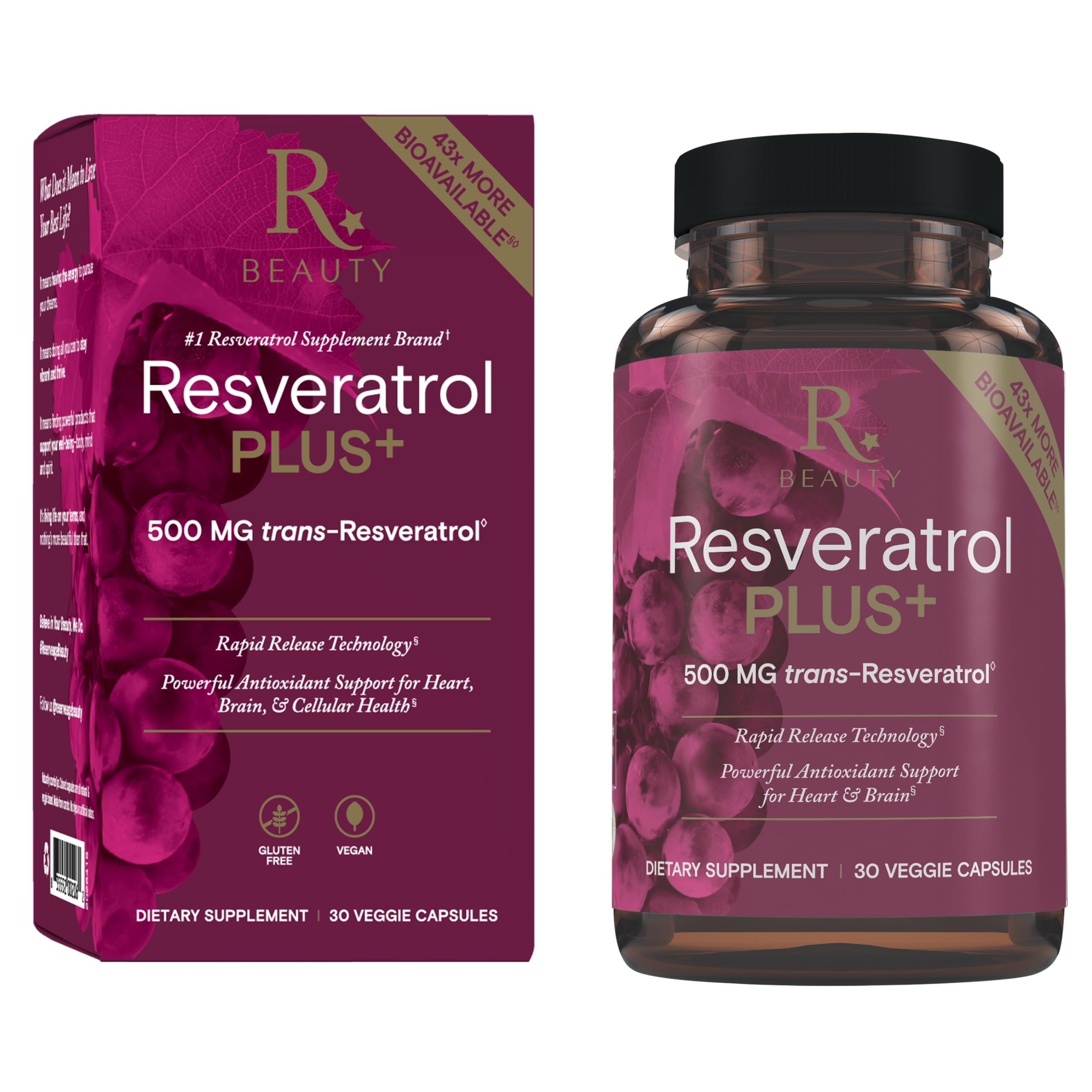 Reserveage Beauty Resveratrol Plus+ bottle with capsules for immune and brain health.