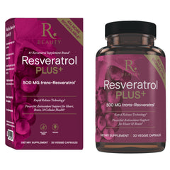 Reserveage Beauty Resveratrol Plus+ bottle with capsules for immune and brain health.