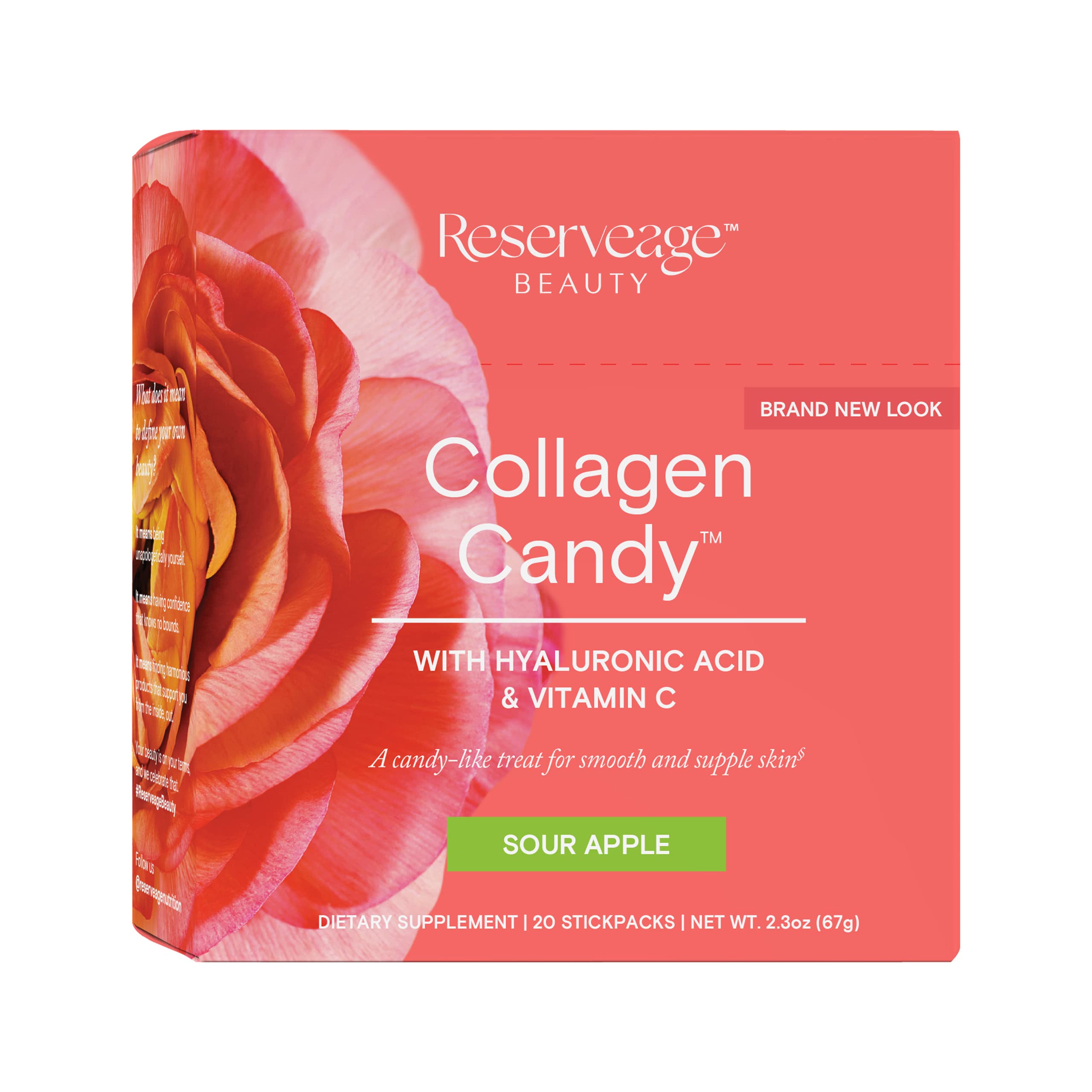 Reserveage Nutrition collagen candy bottle pour showing convenient skin-supporting supplement.