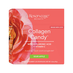 Reserveage Nutrition collagen candy bottle pour showing convenient skin-supporting supplement.