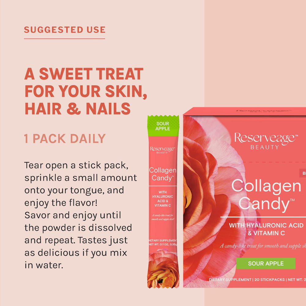 Reserveage Nutrition collagen candy visual suggests elastin and pro-collagen support.