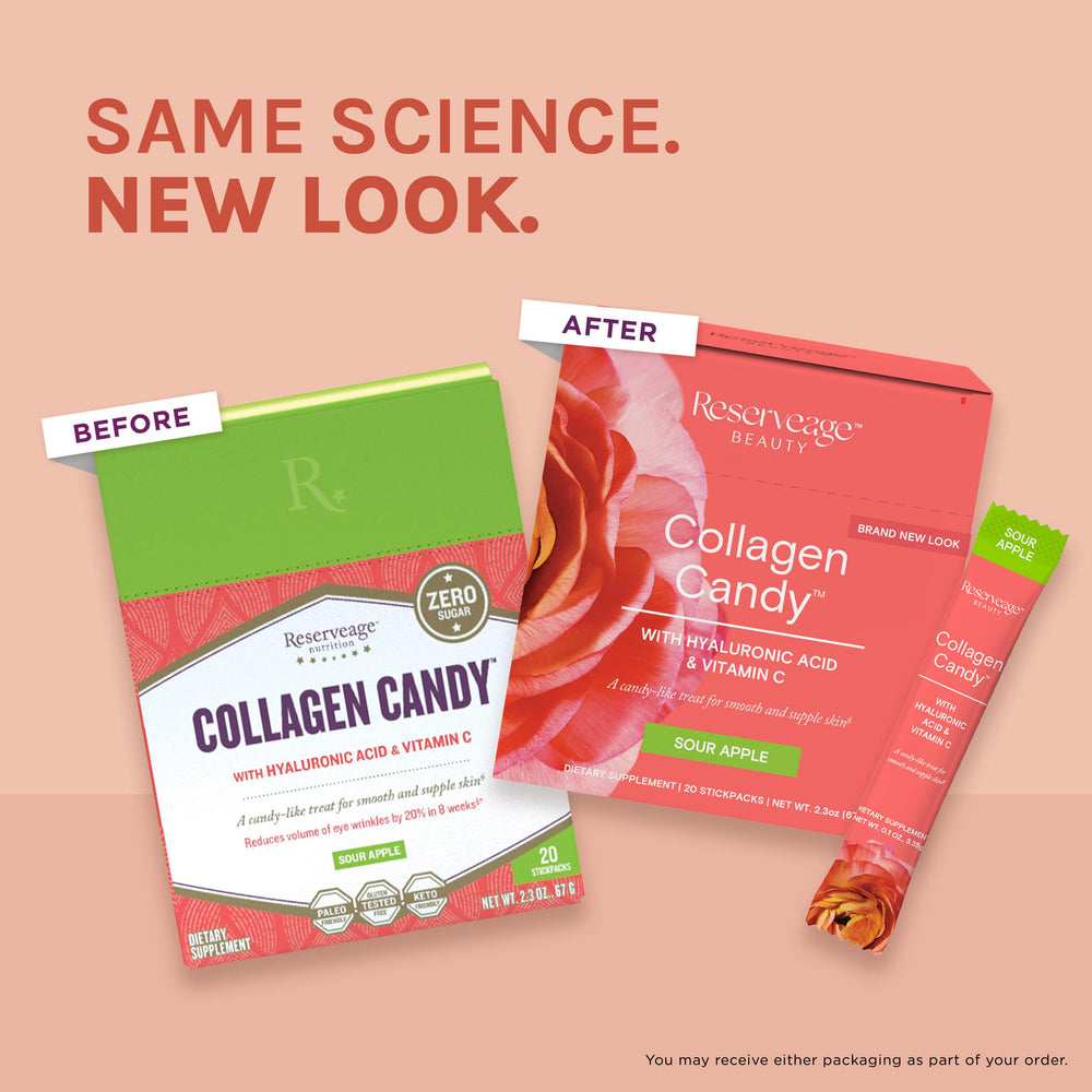 Reserveage Nutrition collagen candy sour apple flavor shown as a tasty treat.