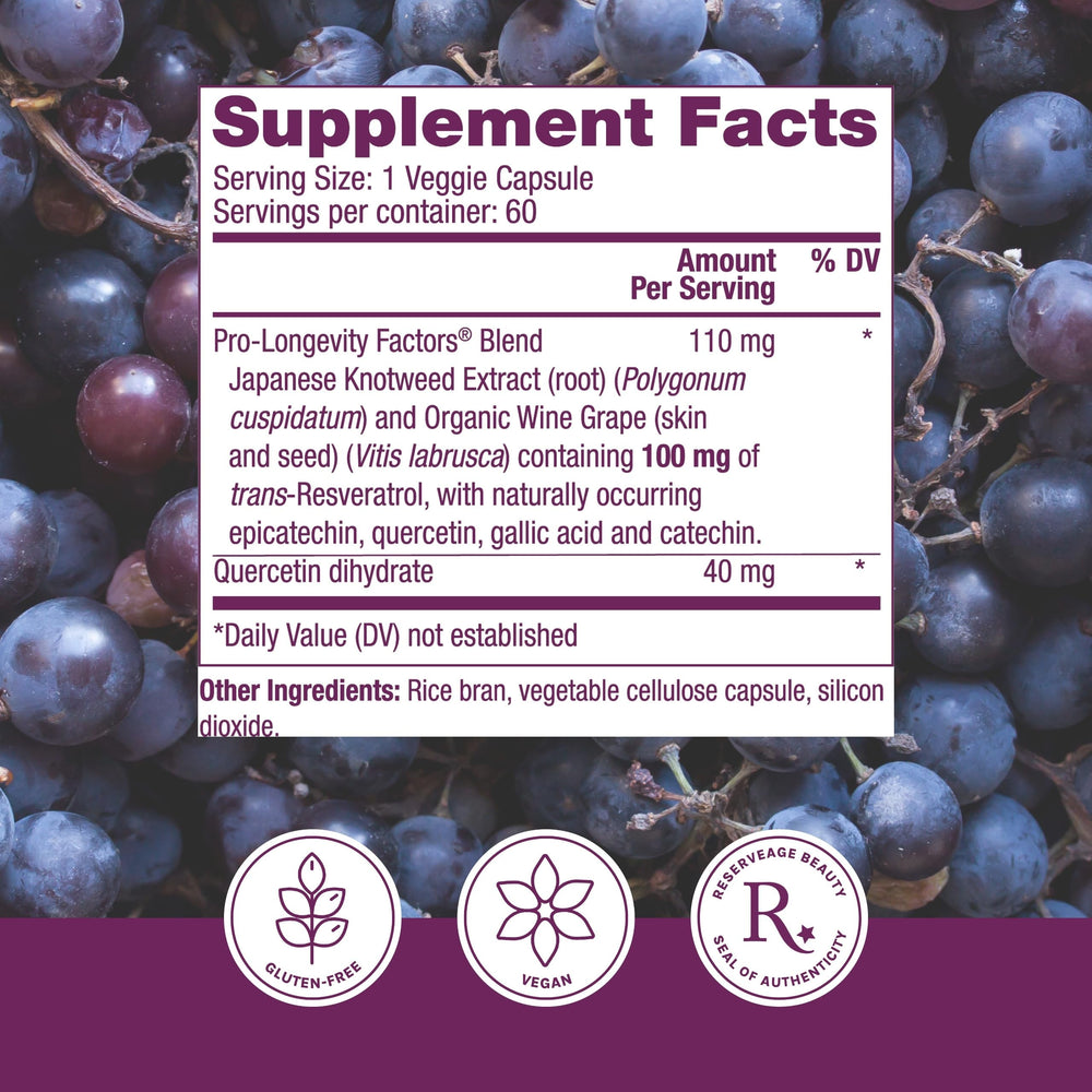 Reserveage Nutrition Beauty Pro-Longevity blend ingredients featuring grape and knotweed.