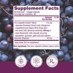 Reserveage Nutrition Beauty Pro-Longevity blend ingredients featuring grape and knotweed.