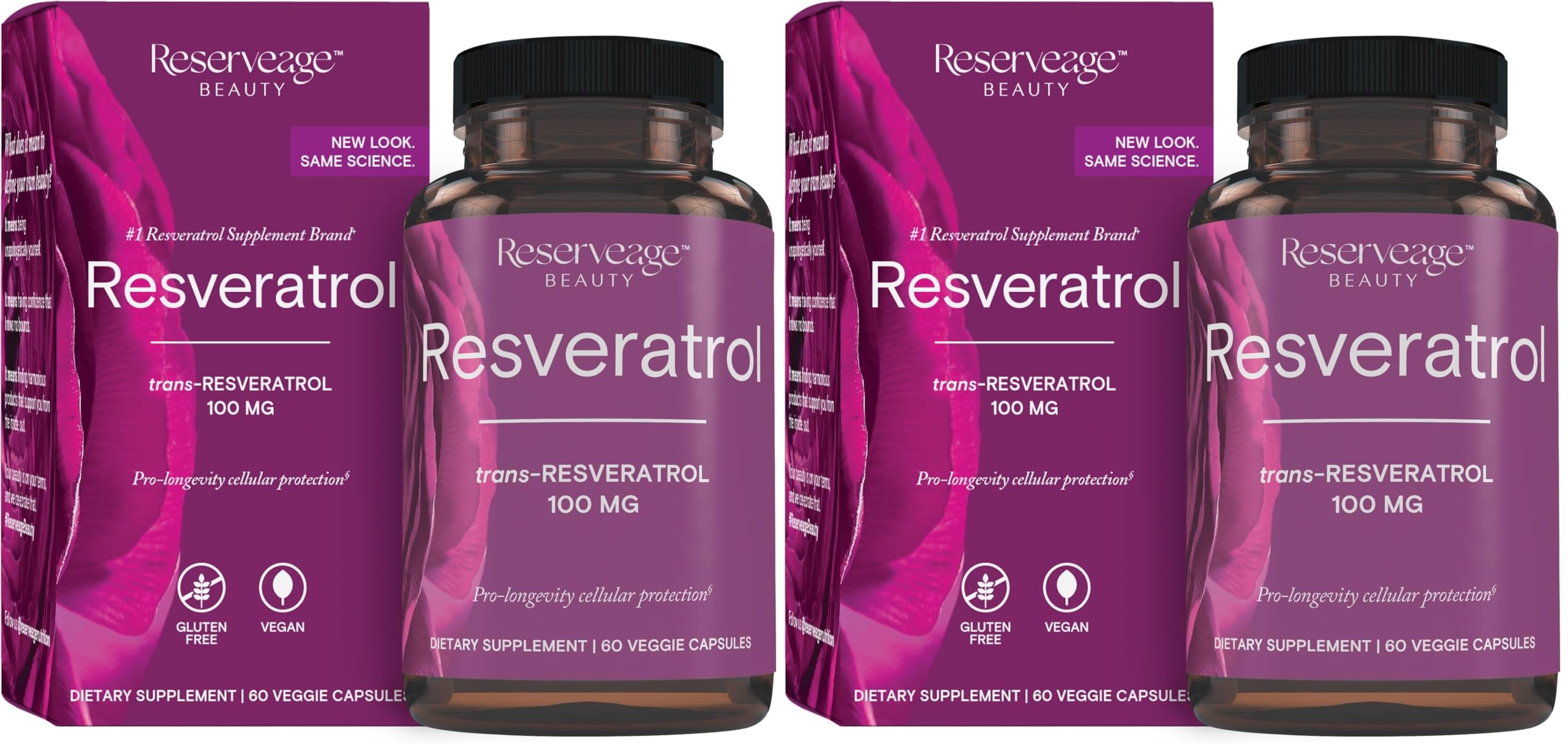 Reserveage Nutrition Beauty Resveratrol bottle front offering antioxidant support.