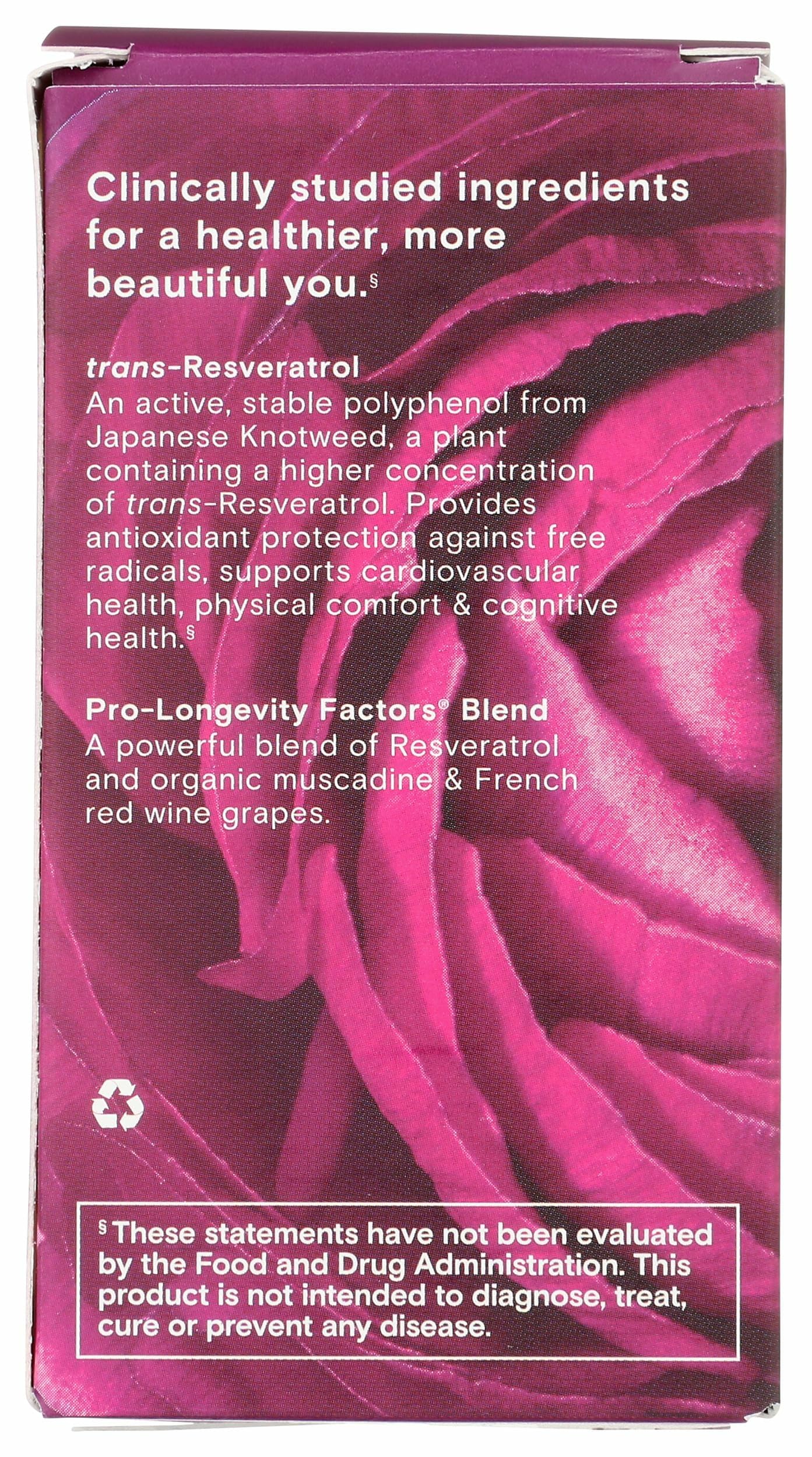 Reserveage Resveratrol 250 mg label close-up highlighting trans-resveratrol potency