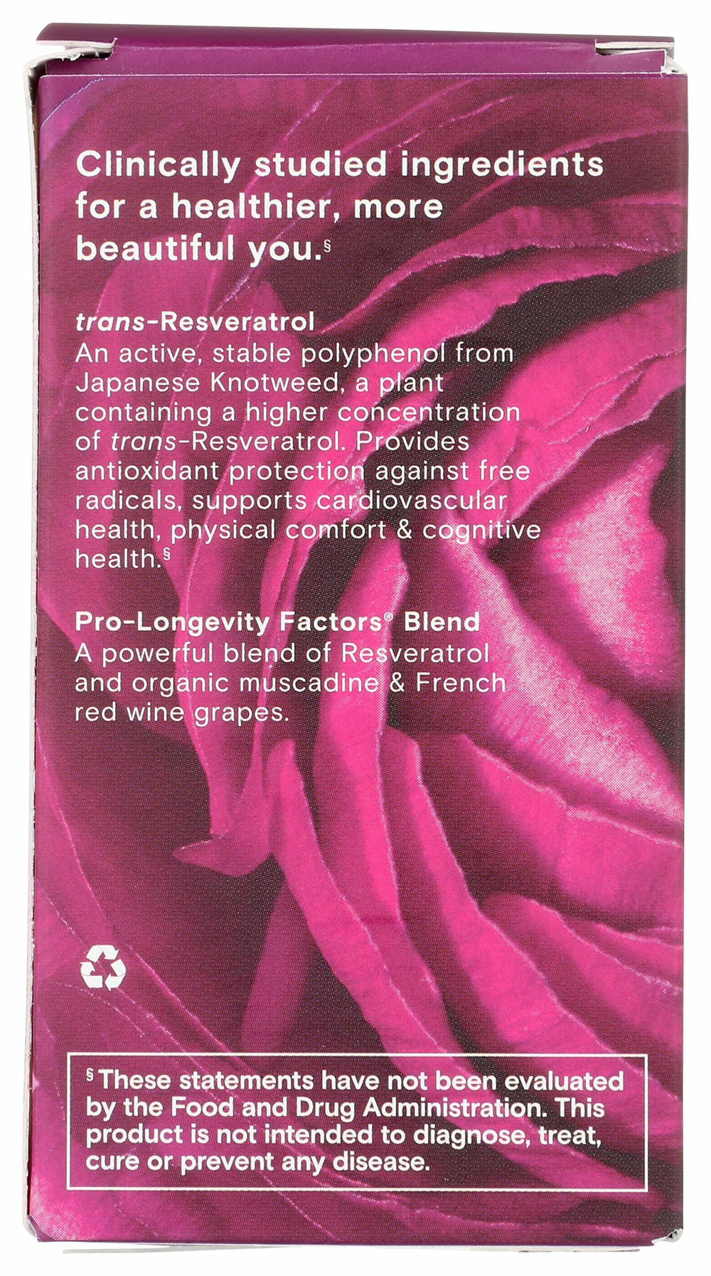 Reserveage Resveratrol 250 mg label close-up highlighting trans-resveratrol potency