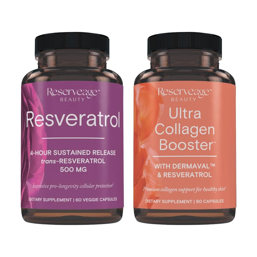 Reserveage Resveratrol bottle close-up highlighting cell-support formula