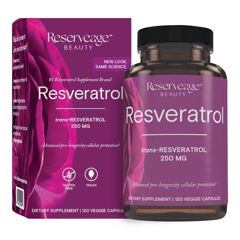 Reserveage Resveratrol bottle for vegan antioxidant support.
