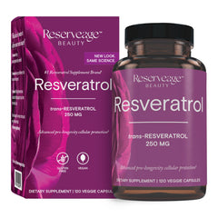 Reserveage Resveratrol bottle for vegan antioxidant support.