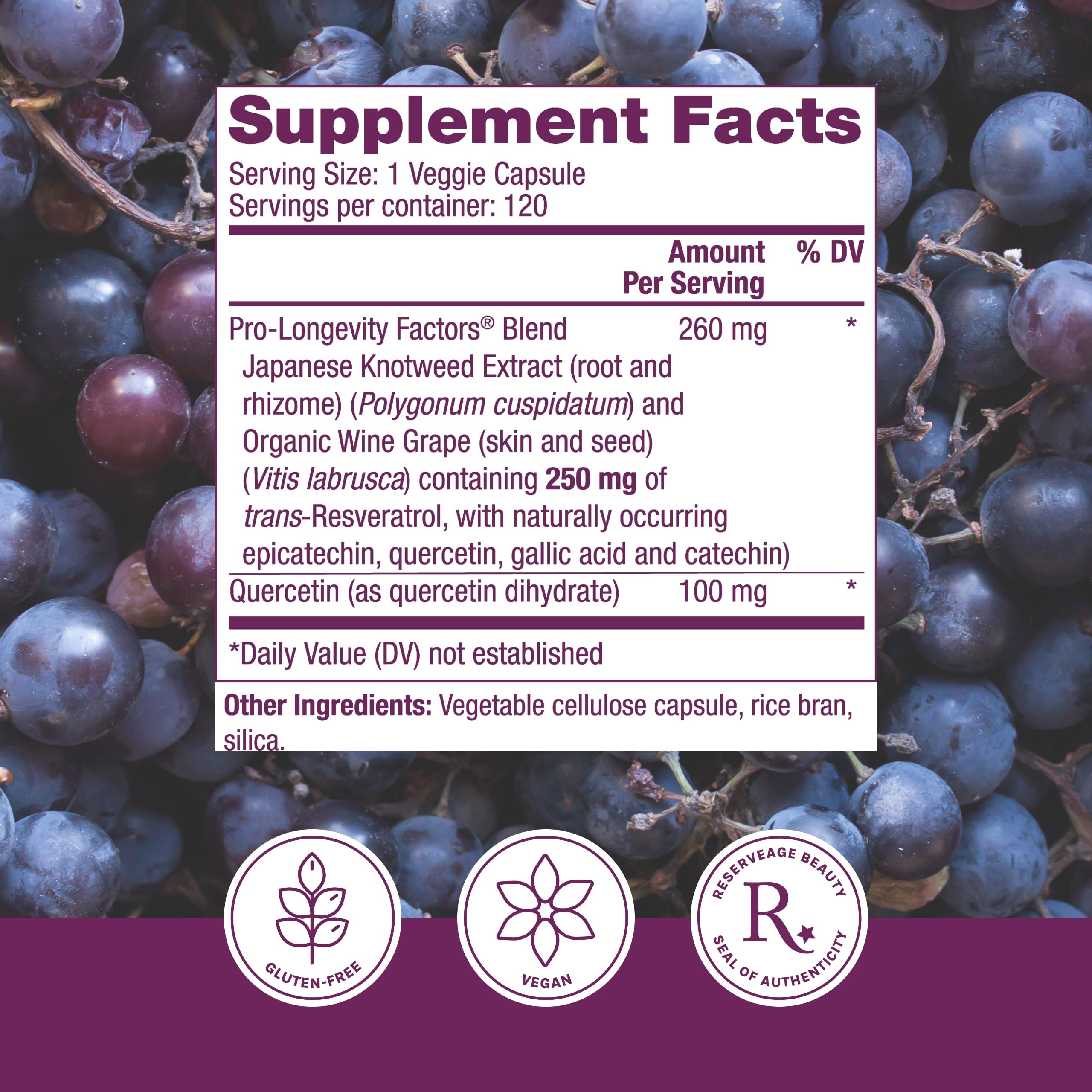 Reserveage Resveratrol capsules shown for daily wellness routines.