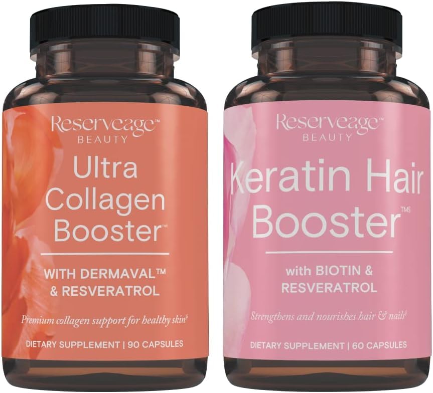Reserveage Ultra Collagen Booster bottle with capsules, hinting at skin elasticity support
