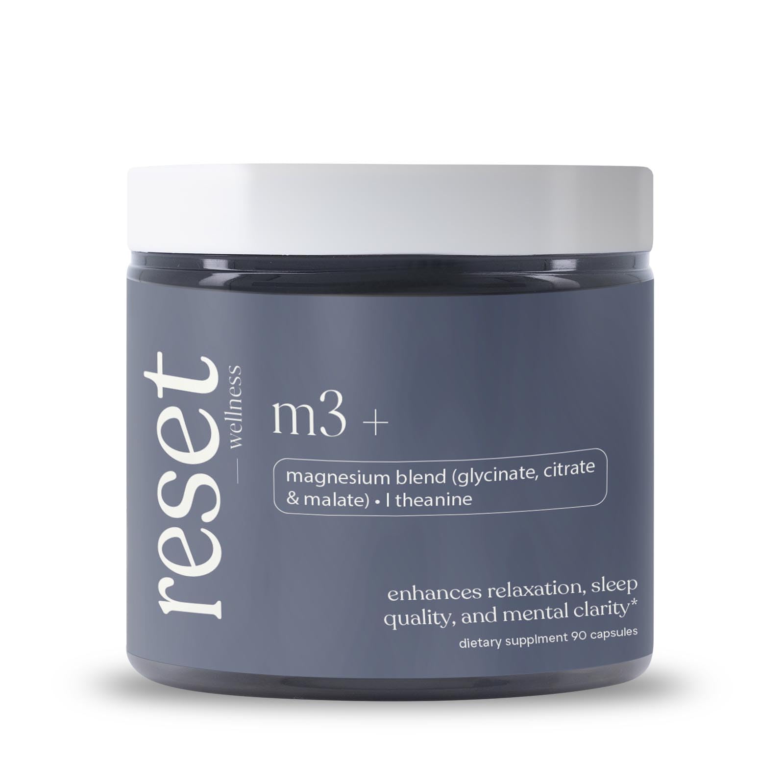 Reset Wellness M3+ bottle shows three magnesium forms for enhanced absorption.