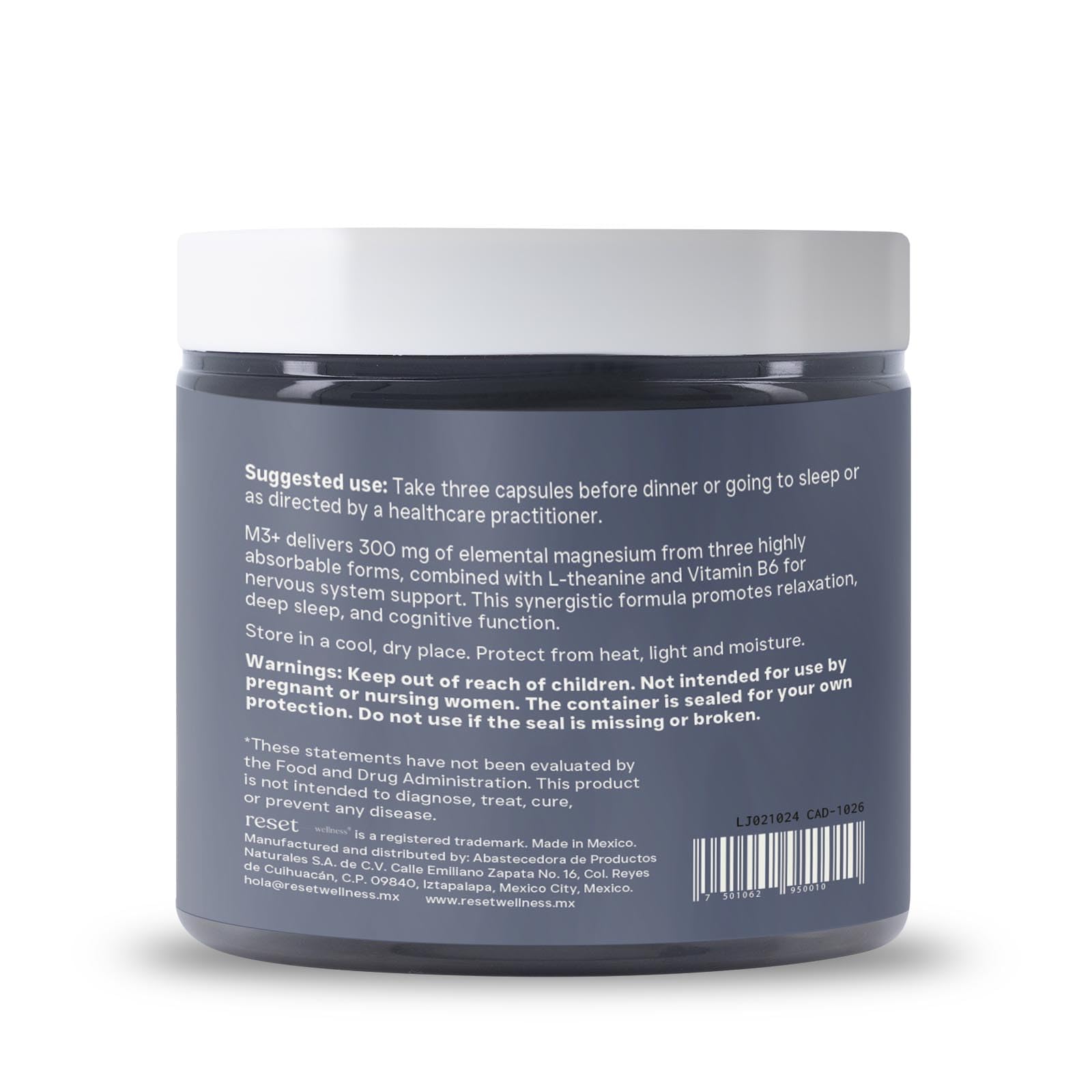 Reset Wellness M3+ ingredients bottle highlights citrate, glycinate, and malate forms.