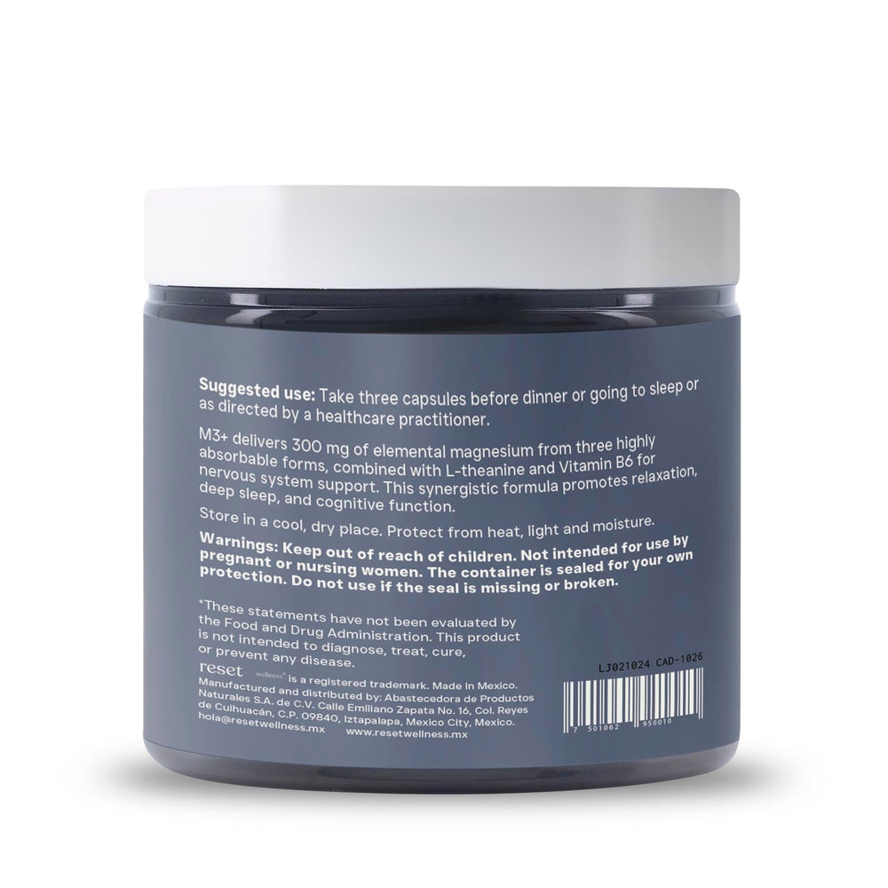 Reset Wellness M3+ ingredients bottle highlights citrate, glycinate, and malate forms.