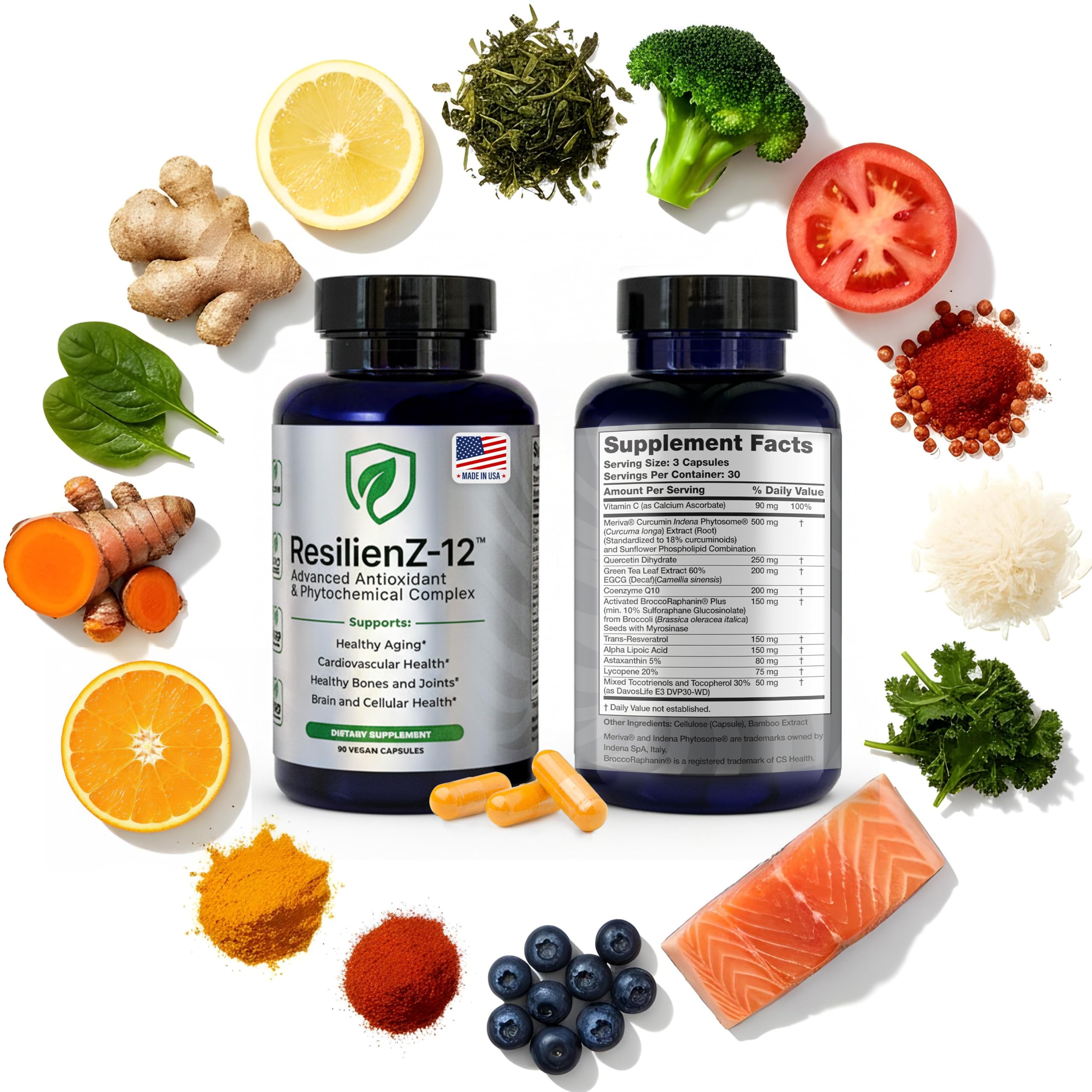 ResilienZ-12 bottle and capsules shown for convenient daily longevity support