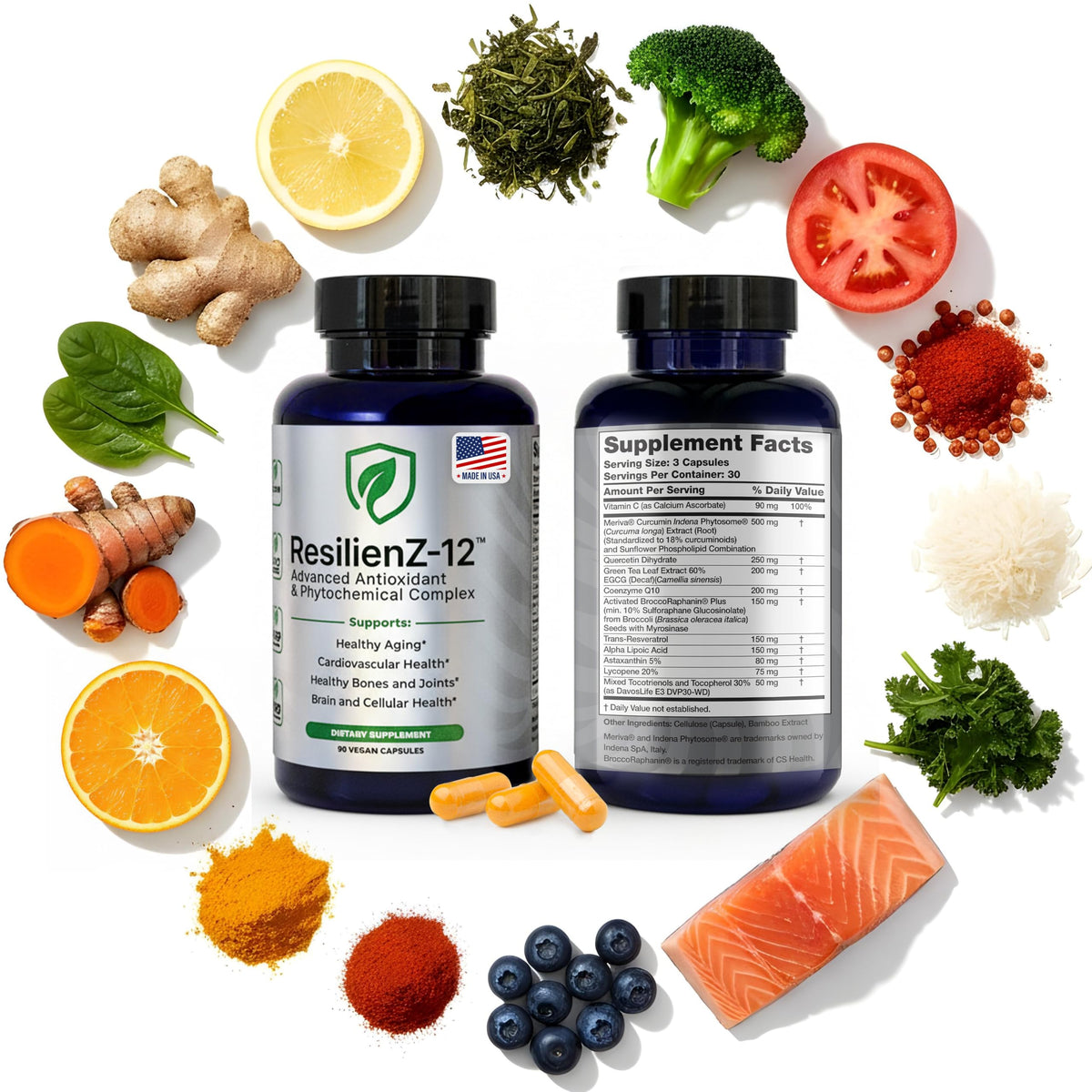 ResilienZ-12 bottle and capsules shown for convenient daily longevity support