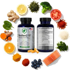 ResilienZ-12 bottle and capsules shown for convenient daily longevity support