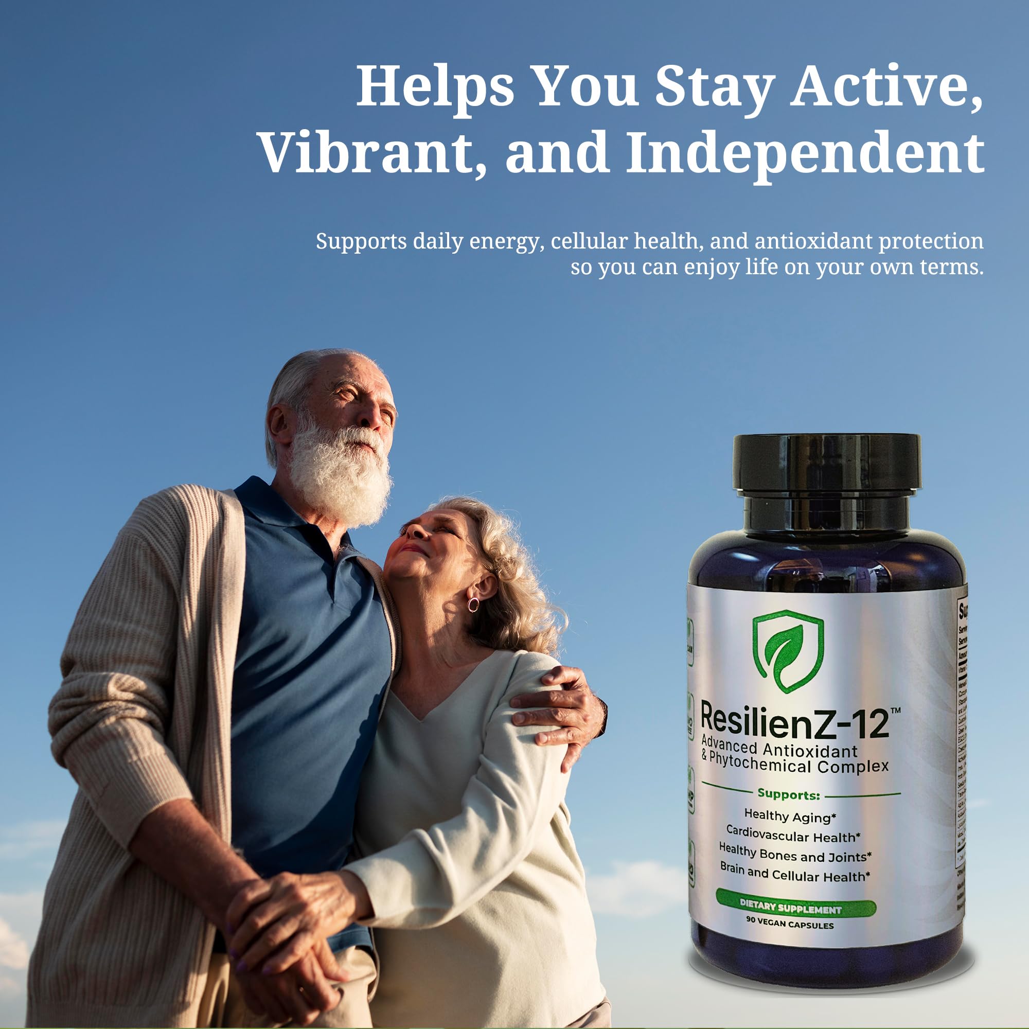 ResilienZ-12 resveratrol amber bottle demonstrates a multi-nutrient aging approach