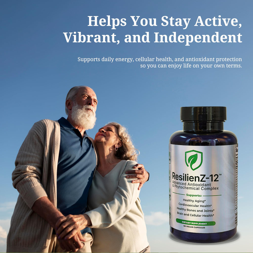 ResilienZ-12 resveratrol amber bottle demonstrates a multi-nutrient aging approach