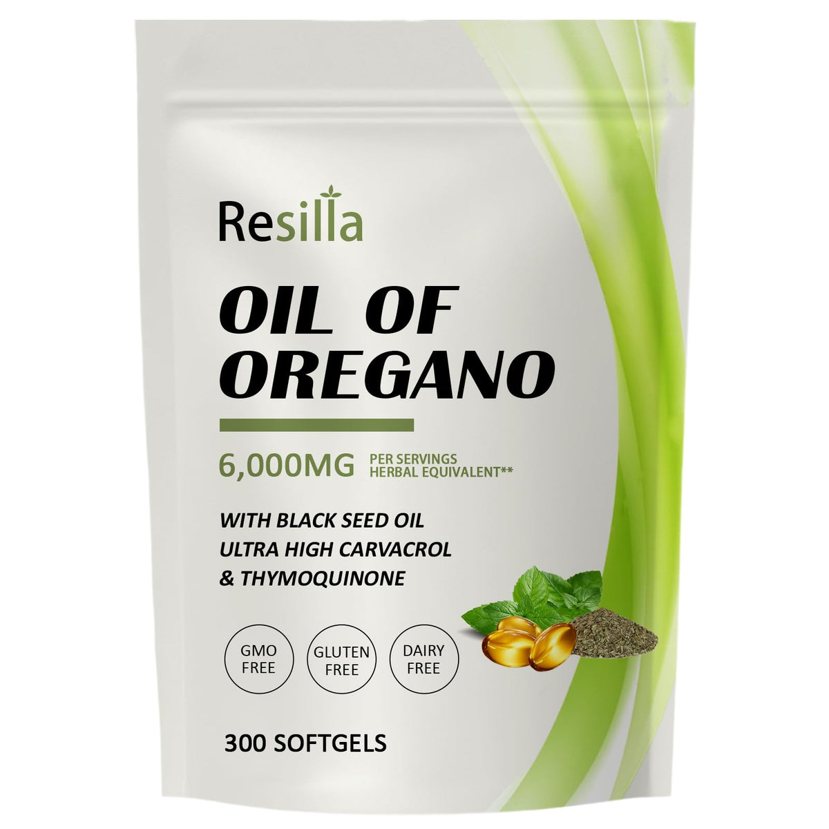 RESILLA oregano oil with black seed oil bottle showing 2-in-1 formula for immune support.