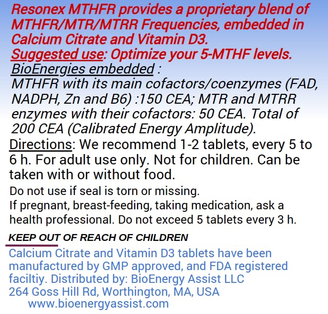 Resonex MTHFR Optimizer tablets close-up highlighting energized particles for enzyme resonance.