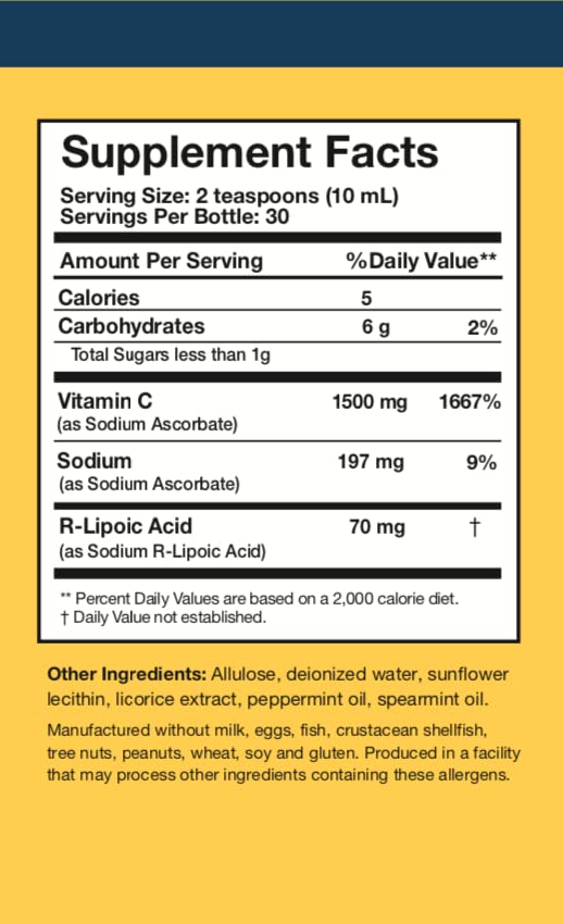 Researched Nutritionals C-RLA ingredient list with R-Lipoic Acid and vitamin C.
