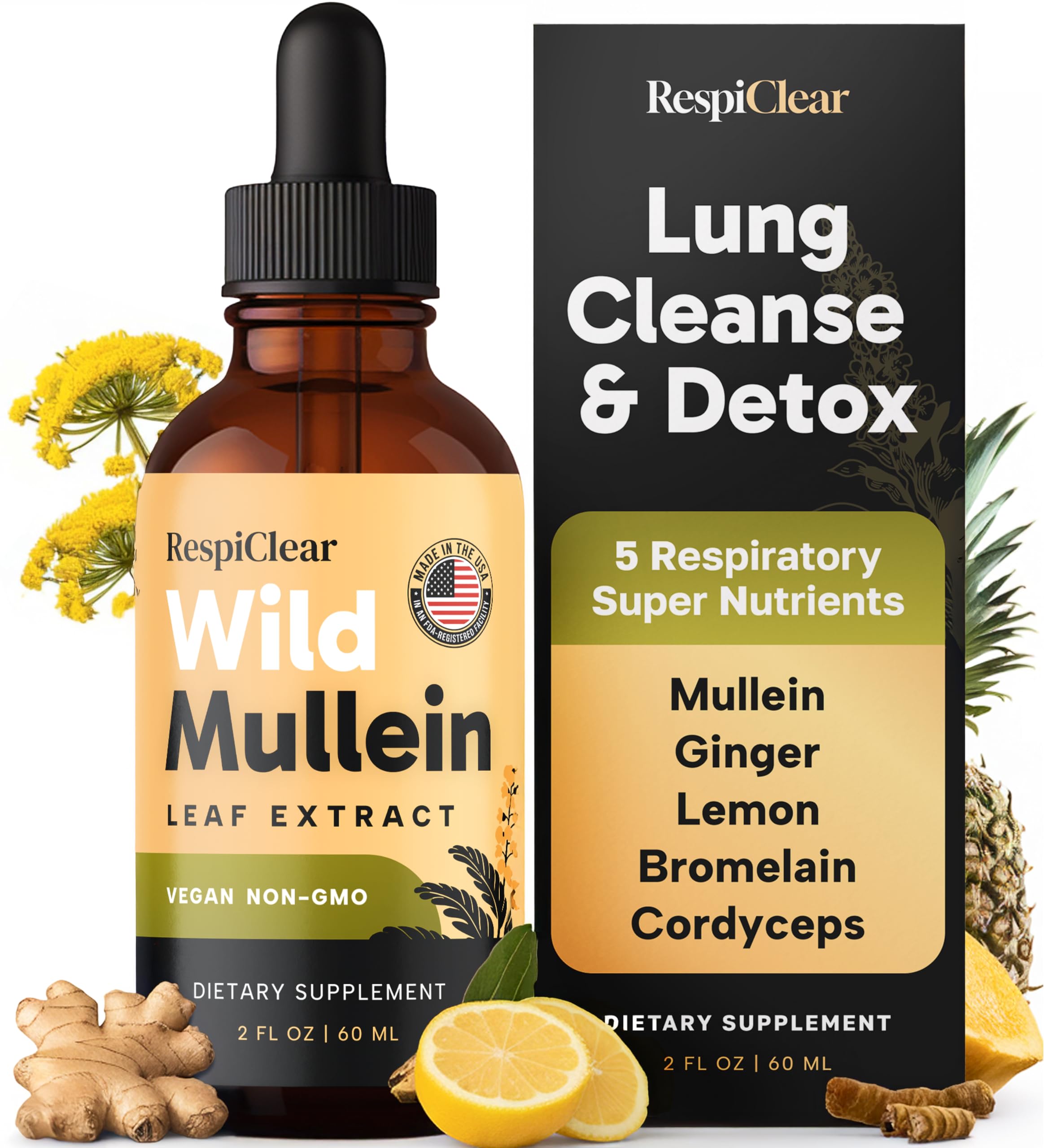 RESPICLEAR Mullein Drops bottle closeup for respiratory support.