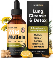 RESPICLEAR Mullein Drops bottle closeup for respiratory support.