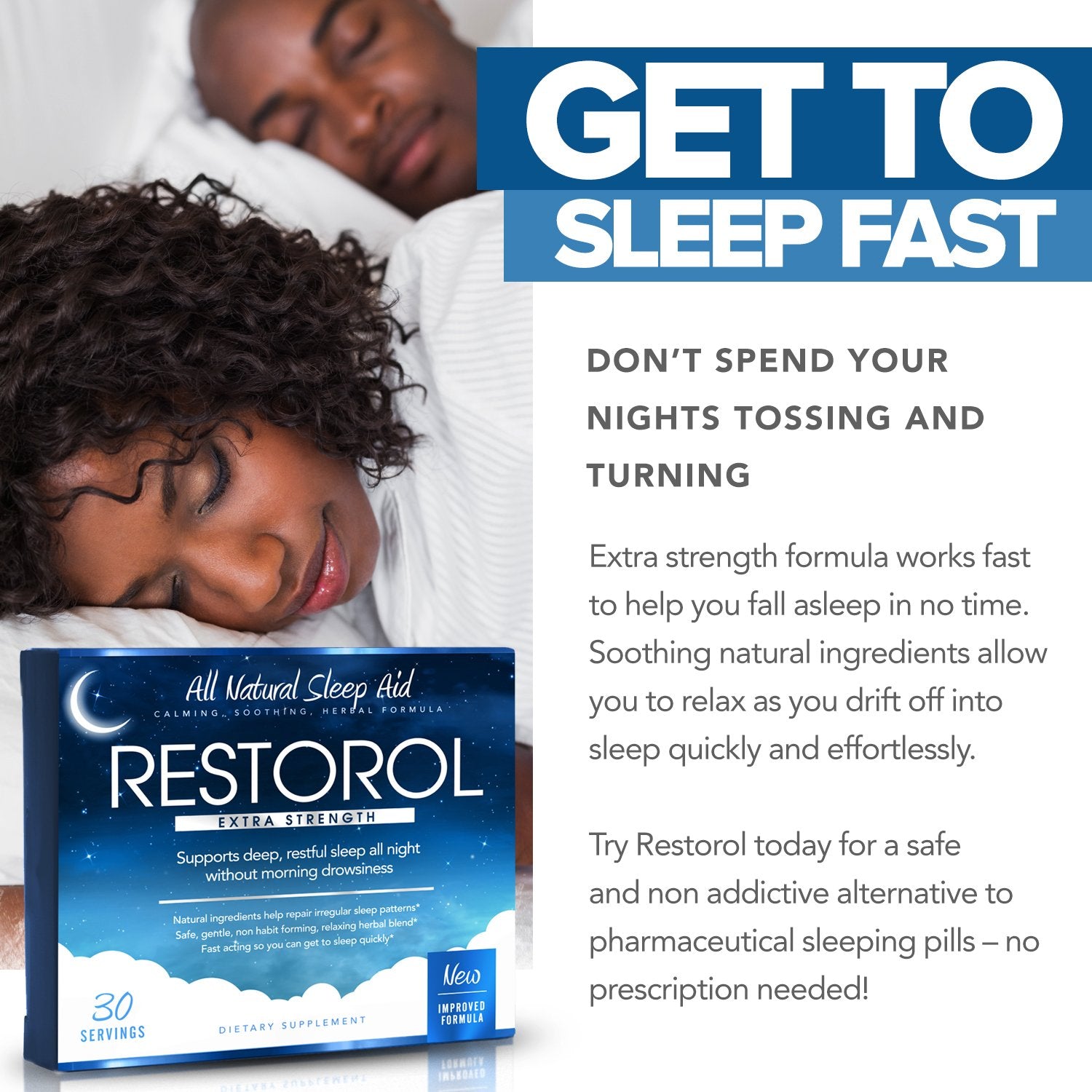 Restorol 30ct pack shot highlighting a convenient nightly option for consistent sleep
