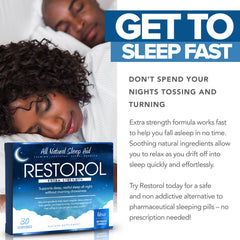 Restorol 30ct pack shot highlighting a convenient nightly option for consistent sleep