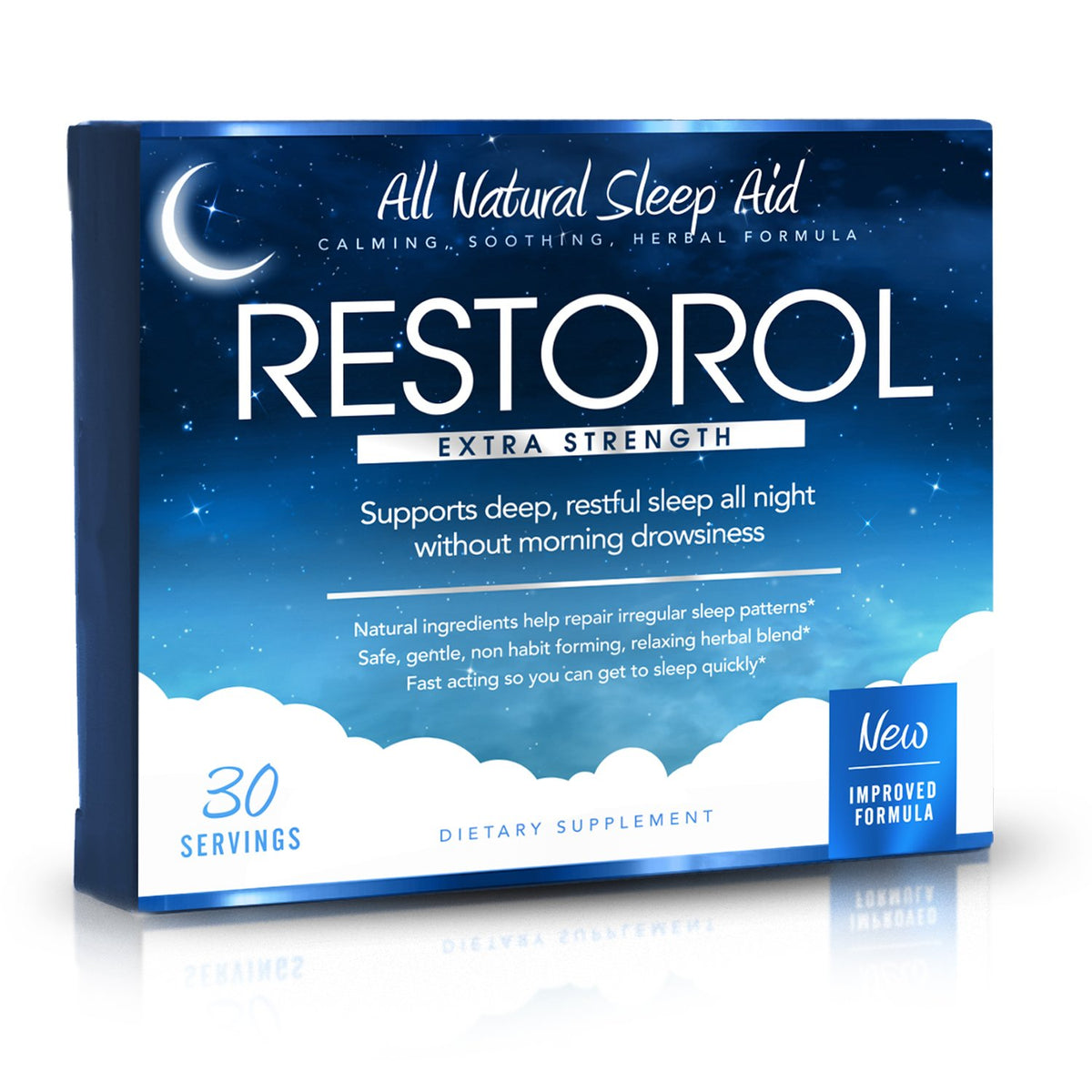 Restorol bottle front image showing the natural sleep aid for a restful night
