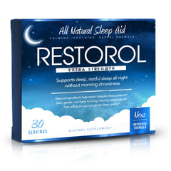 Restorol bottle front image showing the natural sleep aid for a restful night