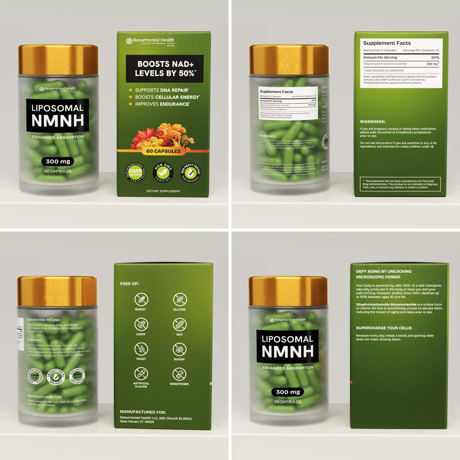 Resurrected Health NMNH daily ritual image underscores convenient 60 capsules per bottle.