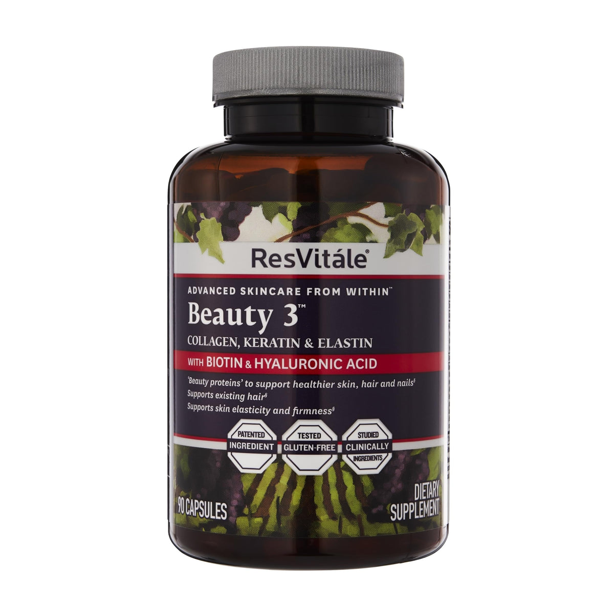 ResVitale Beauty 3 bottle front for daily skin and hair support.