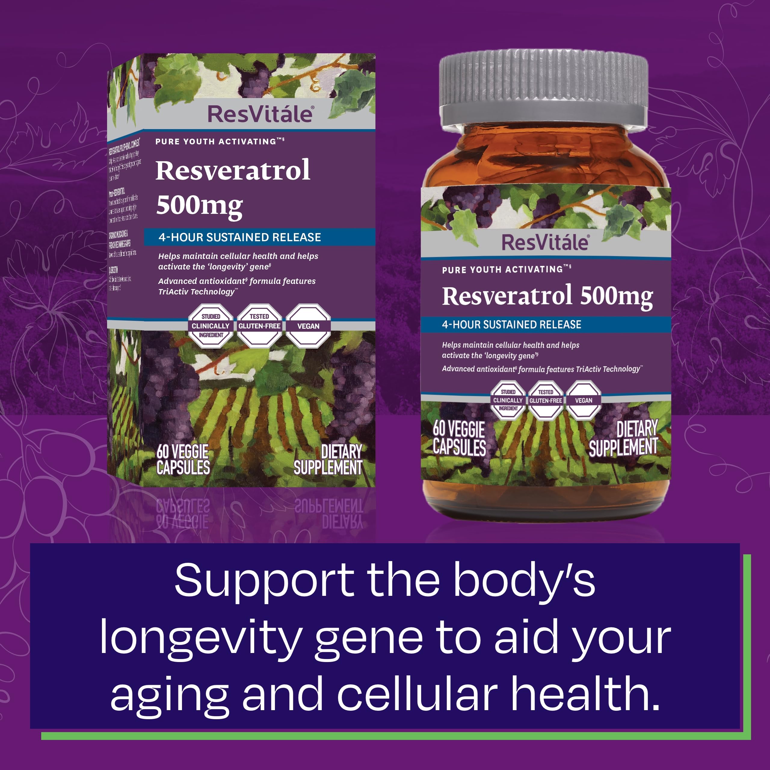 ResVitale Resveratrol features 4-hour sustained release in the capsule design.