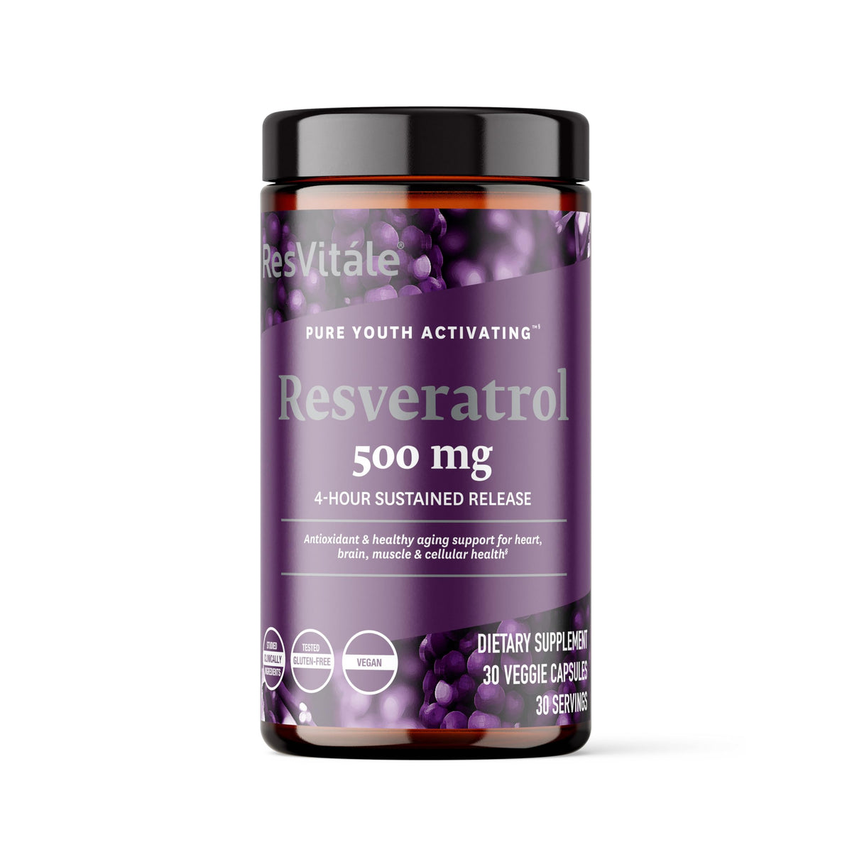 ResVitale Resveratrol 500mg bottle for daily antioxidant support.