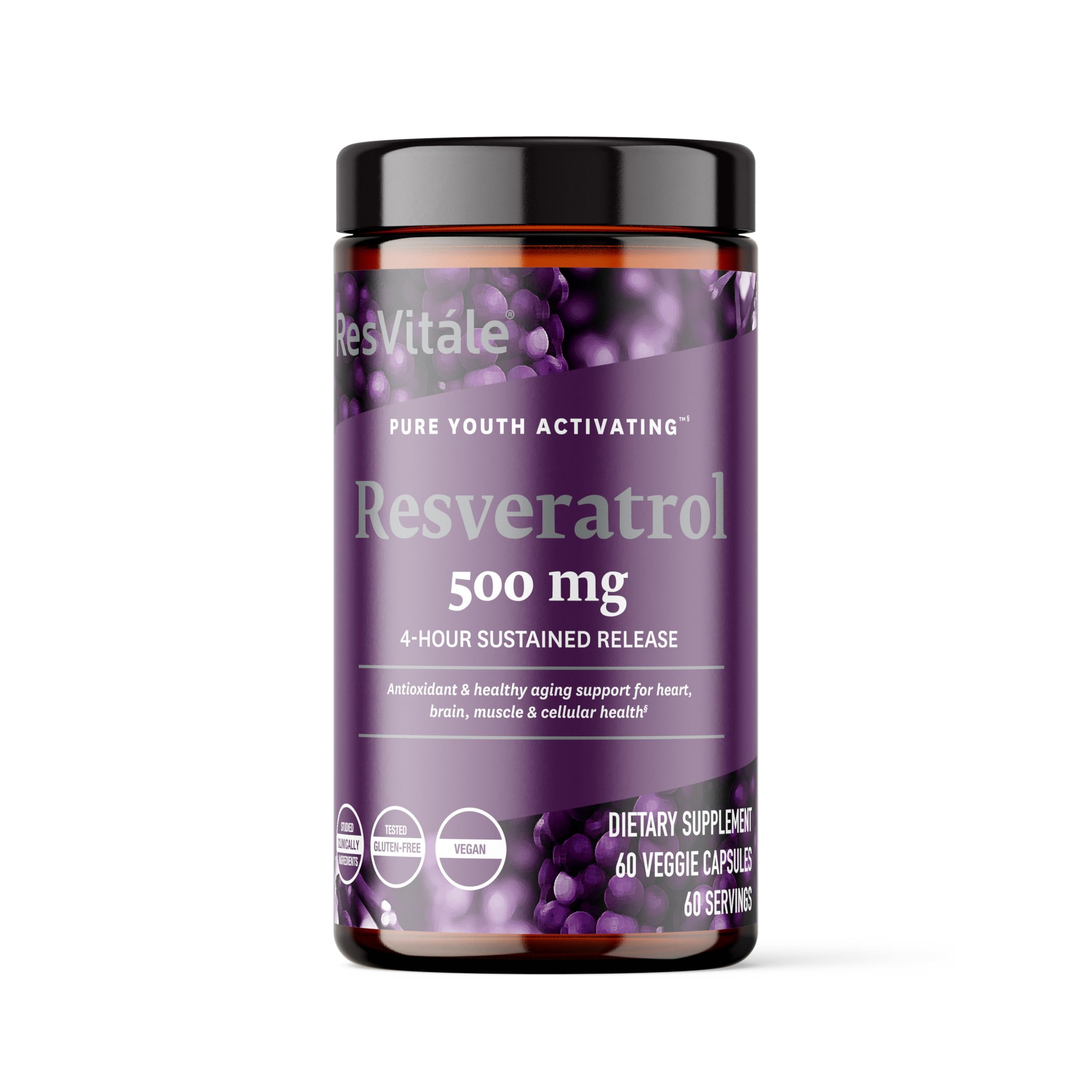 ResVitale Resveratrol 500 mg bottle for daily antioxidant support and vitality.