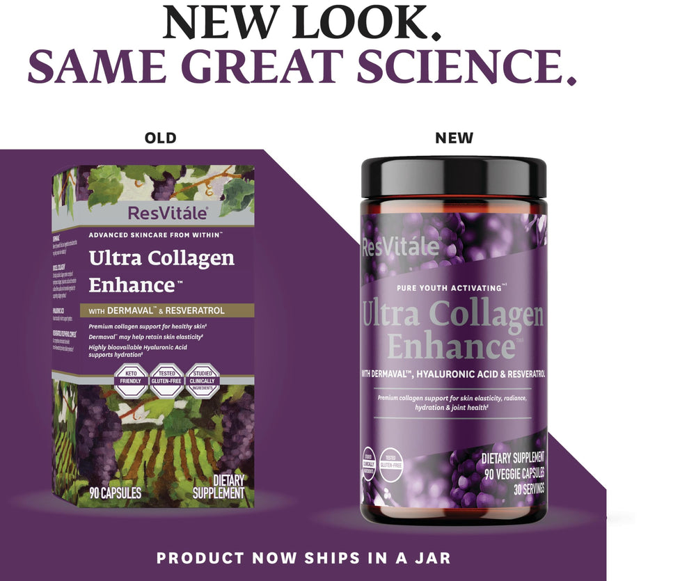 ResVitále Ultra Collagen Enhance capsules on white background for youthful-looking skin support
