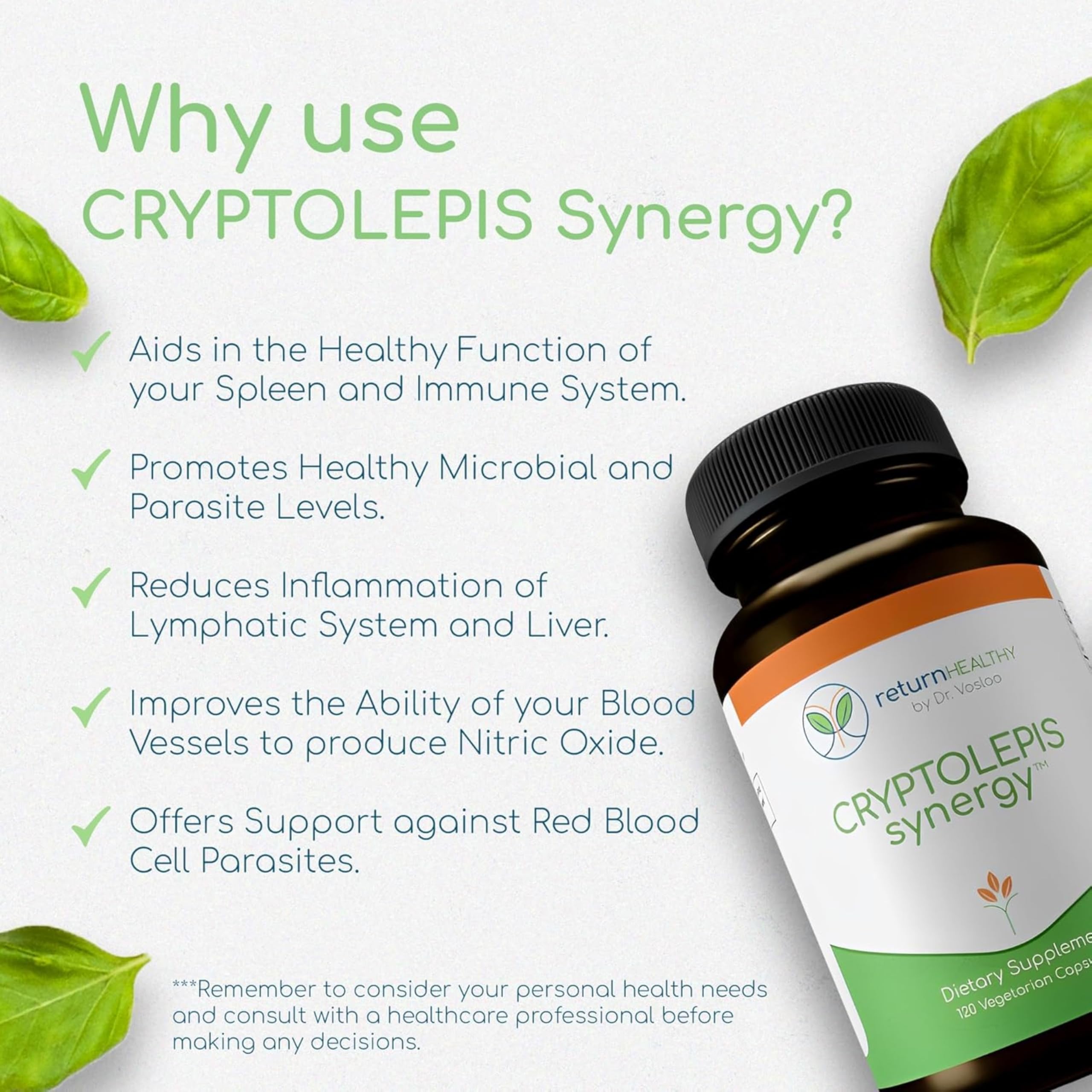 Return Healthy Cryptolepis Synergy bottle with glass suggests daily routine.