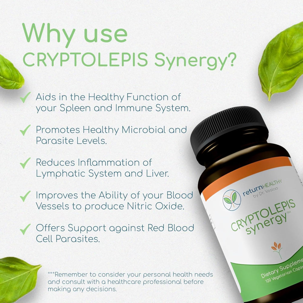 Return Healthy Cryptolepis Synergy bottle with glass suggests daily routine.