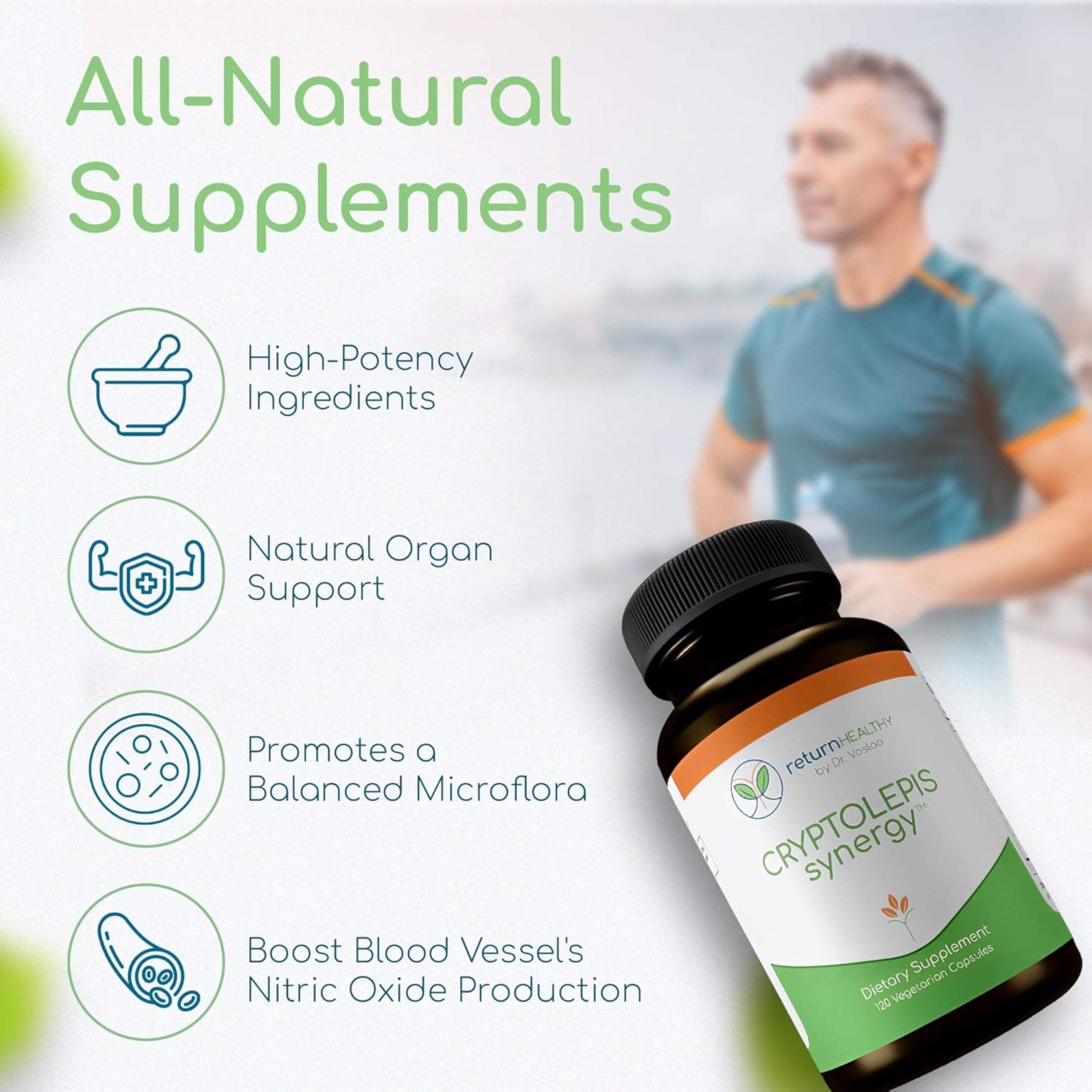 Return Healthy Cryptolepis Synergy label detail highlights vegan, clean formula.